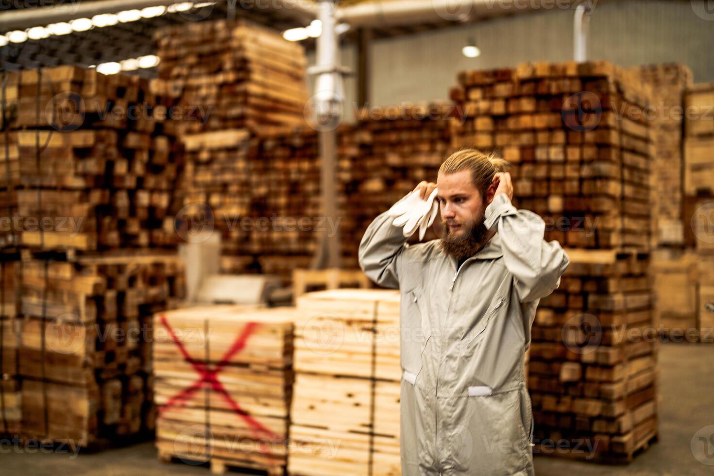 man workers engineering standing with confidence with working suite dress and hand glove in front machine. Concept of smart industry worker operating. Wood factory produce wood palate. photo