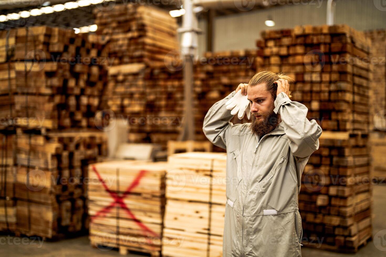 man workers engineering standing with confidence with working suite dress and hand glove in front machine. Concept of smart industry worker operating. Wood factory produce wood palate. photo