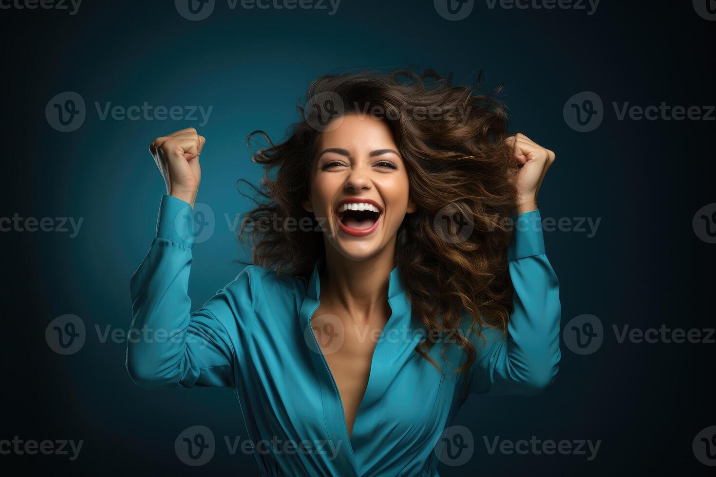 AI generated Generative AI illustration of happy young brunette wearing silk blouse clenching fists and yelling while celebrating victory against blue background photo