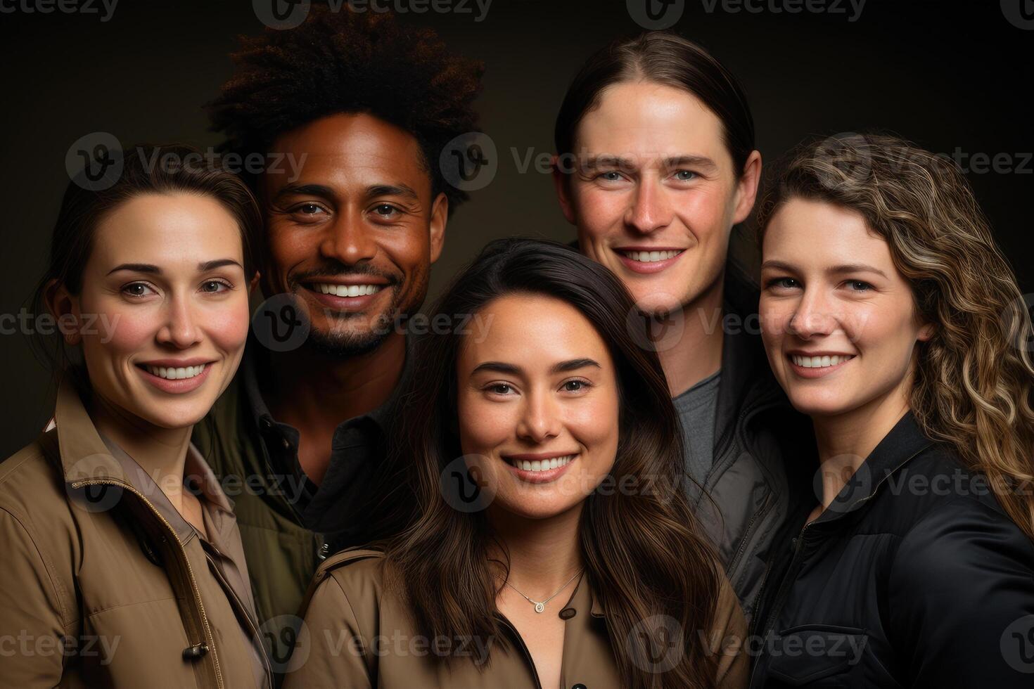 AI generated Generative AI image of portrait of group of smiling diverse friends in elegant dresses looking at camera while standing in light against blurred gray background photo
