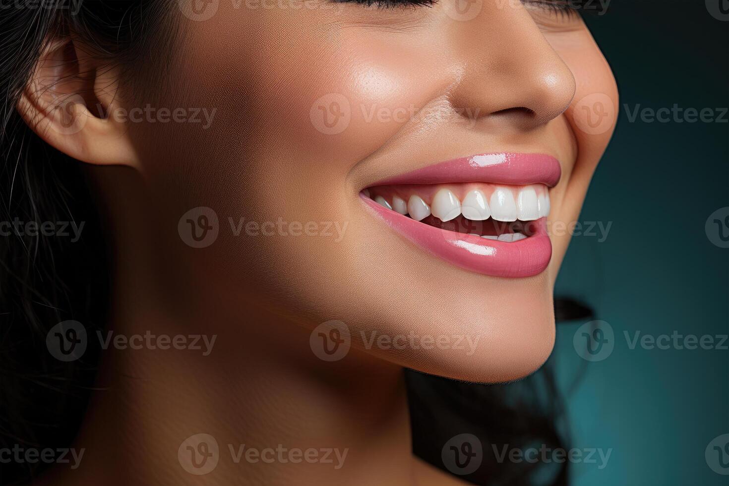 AI generated Happy young crop woman with makeup and red lips near blue wall photo