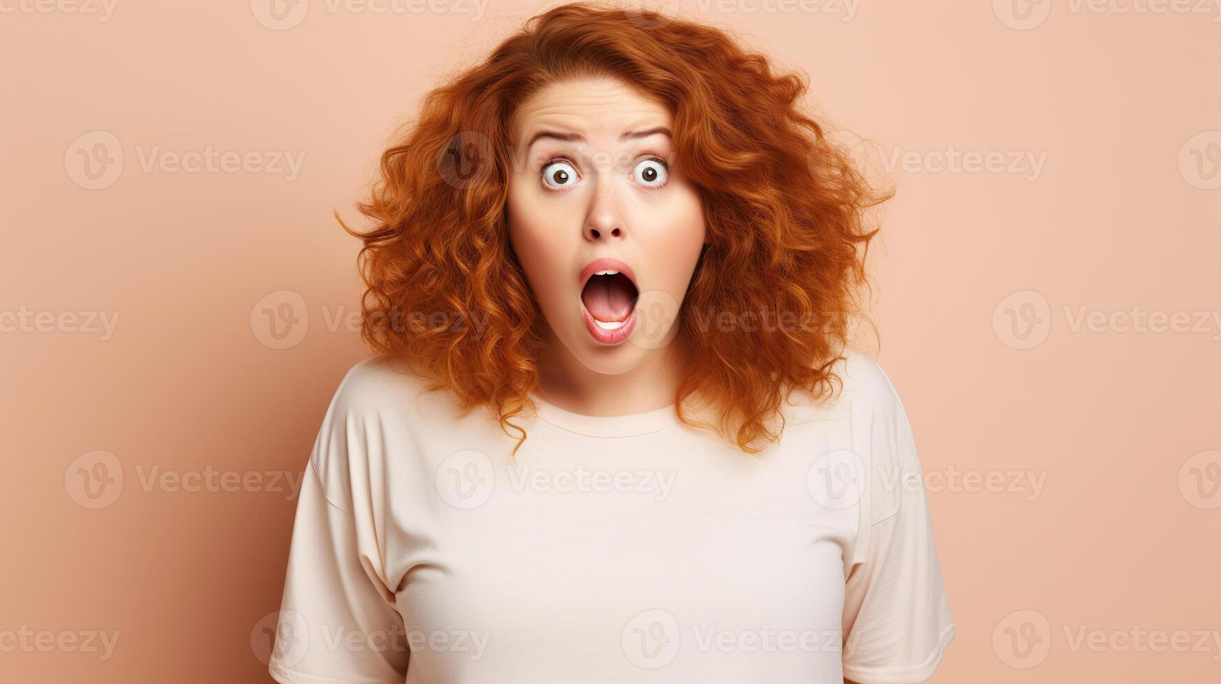 AI generated Surprised redhead girl with open mouth on beige background. Close-up portrait of a girl with her eyes wide open and her mouth open. photo