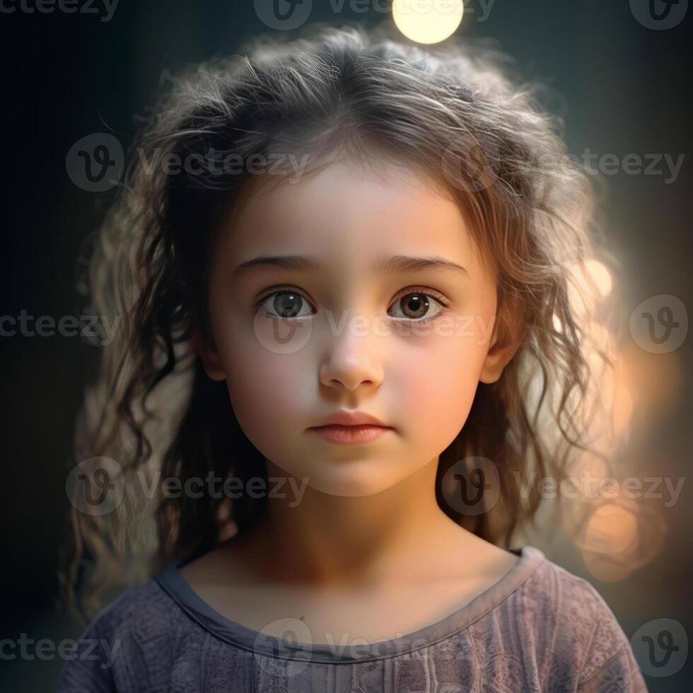 ai generado retrato de un hermosa pequeño niña con largo pelo en un gris vestido. foto