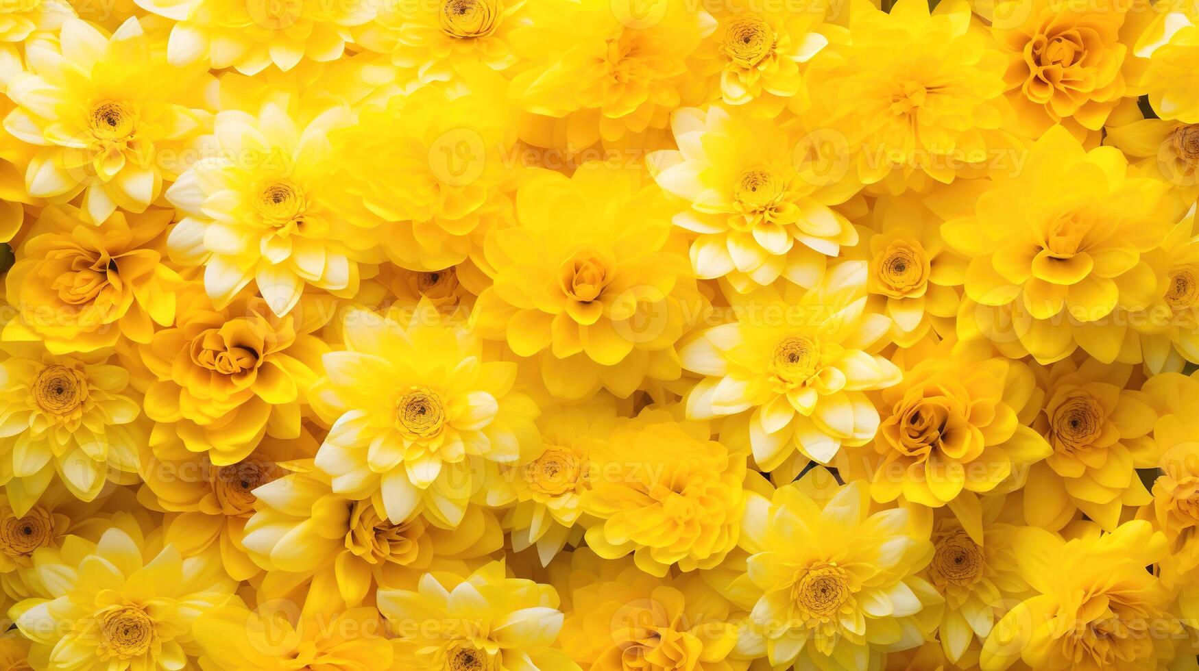 ai generado amarillo dalias de cerca. floral amarillo alfombra de Fresco dalia y crisantemo flores flor composición. foto