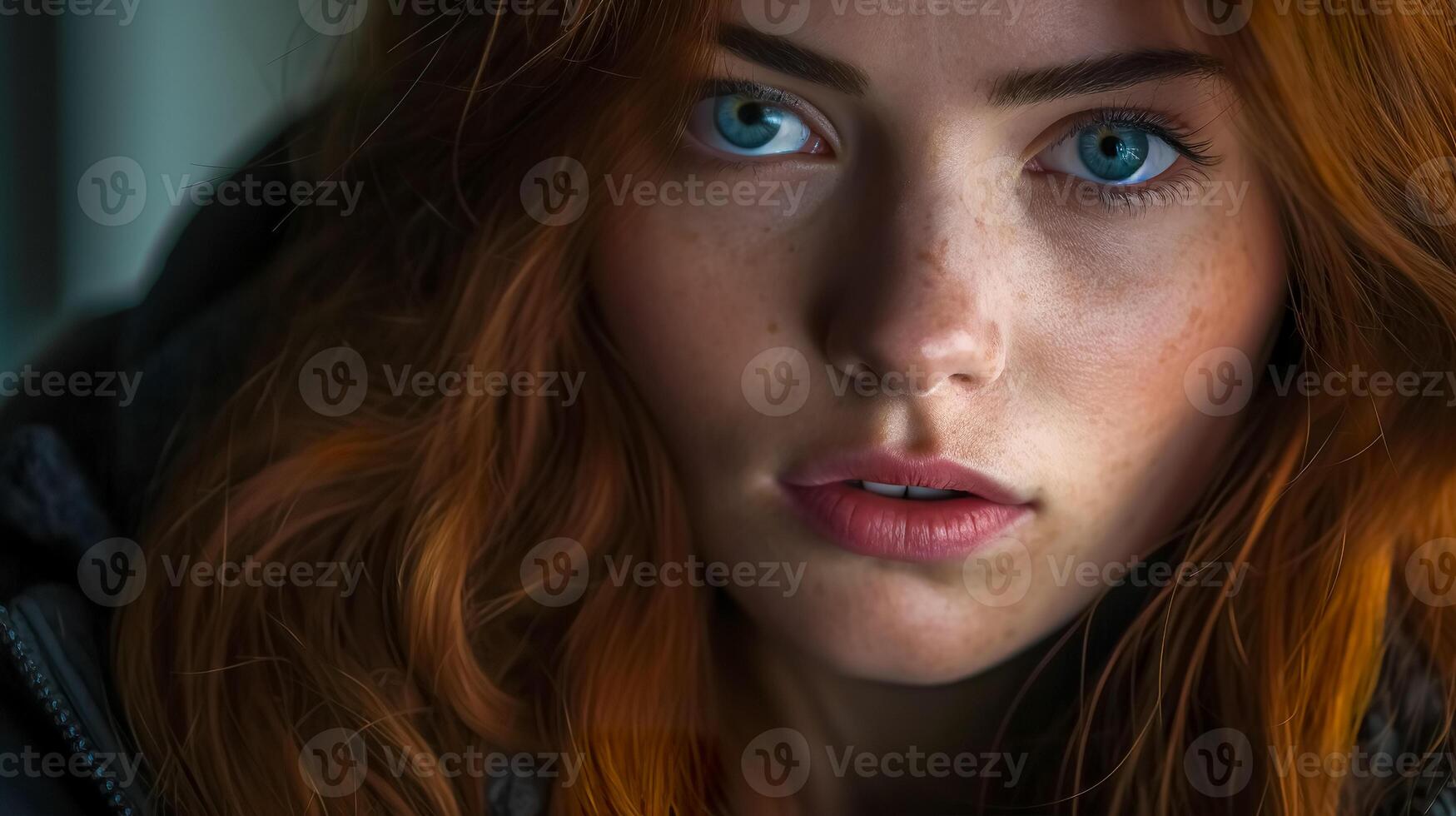 AI Generated portrait of a person with an expressive gaze, featuring striking blue eyes, red hair, and a subtle expression, set against a blurred background photo