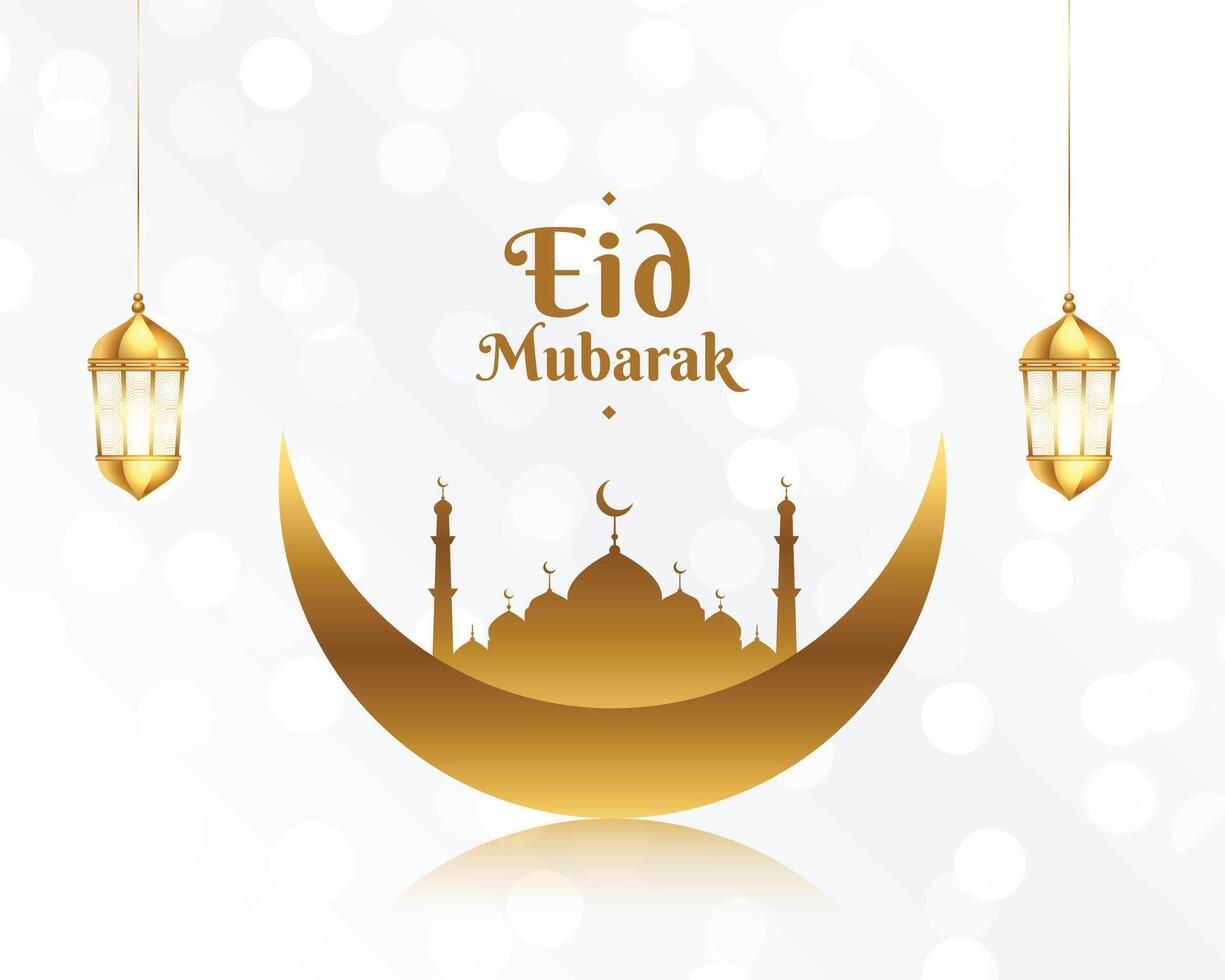 golden moon eid mubarak islamic background with mosque and bokeh effect vector