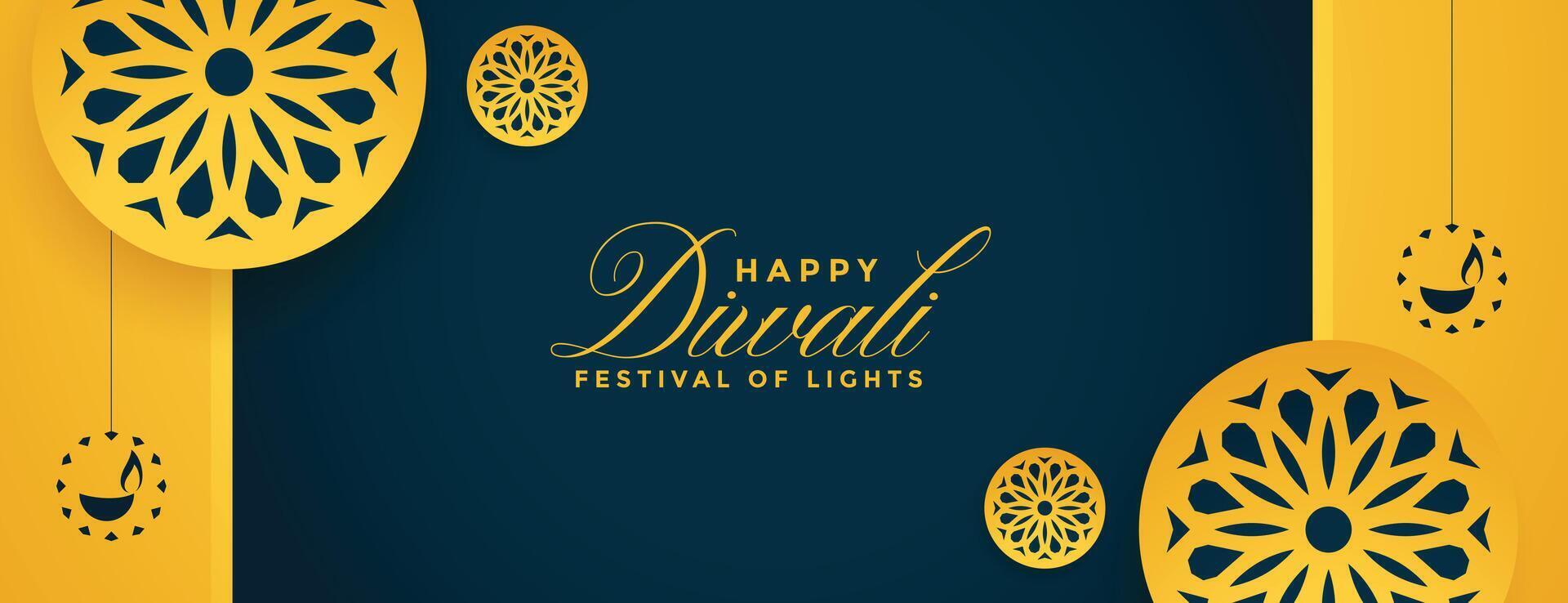 happy diwali yellow decorative banner design vector
