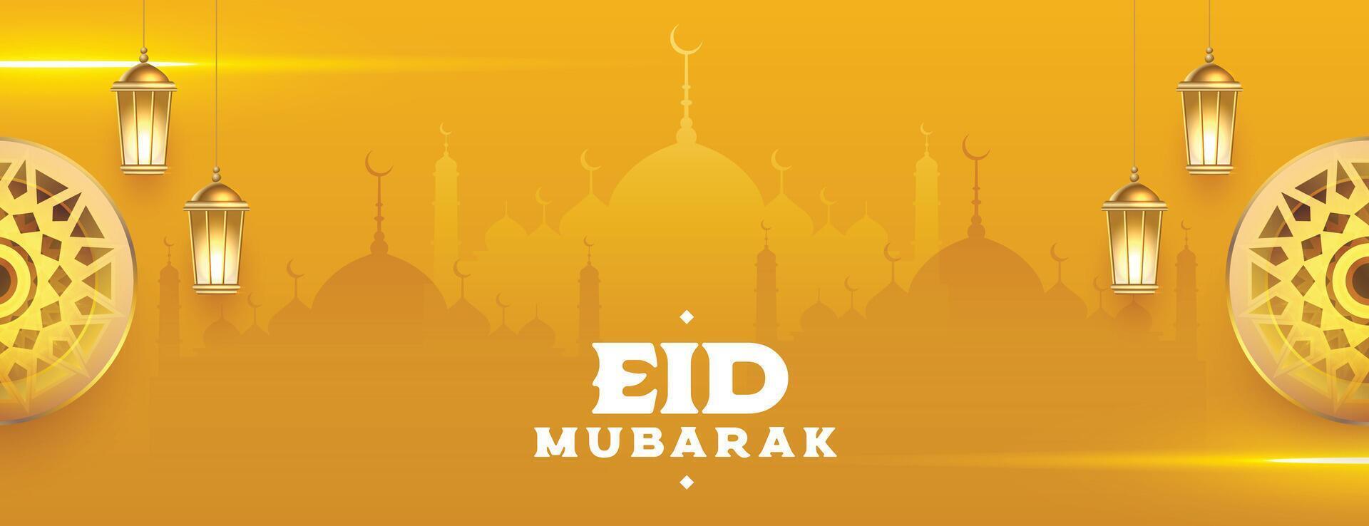 Eid mubarak mosque banner with shiny lights and lantern vector