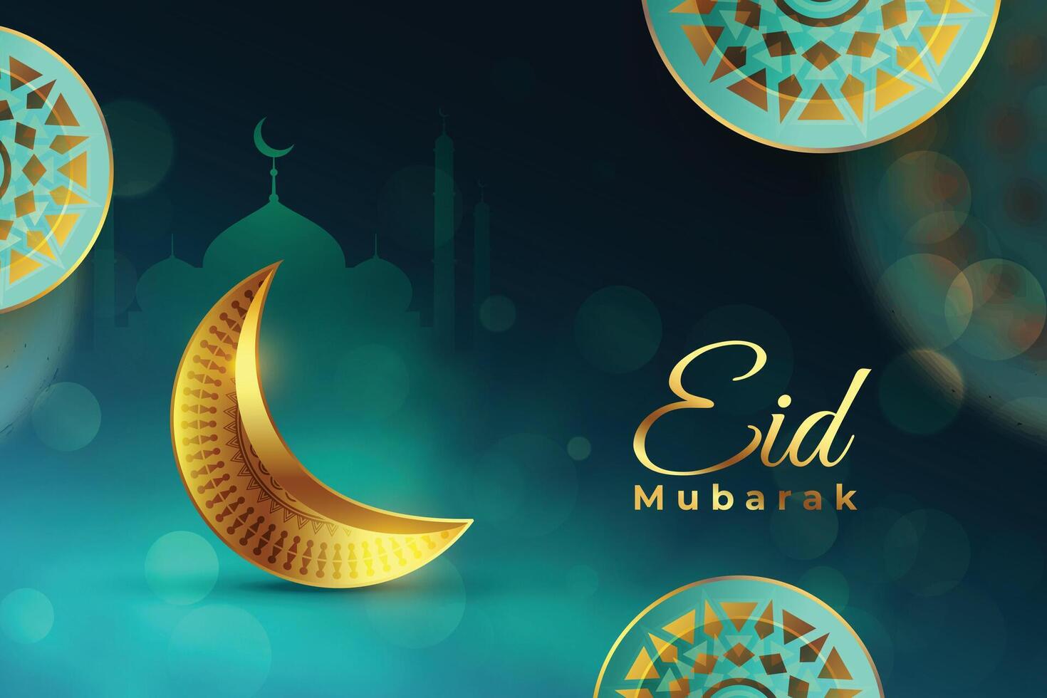 eid mubarak religious background with golden moon and mosque vector