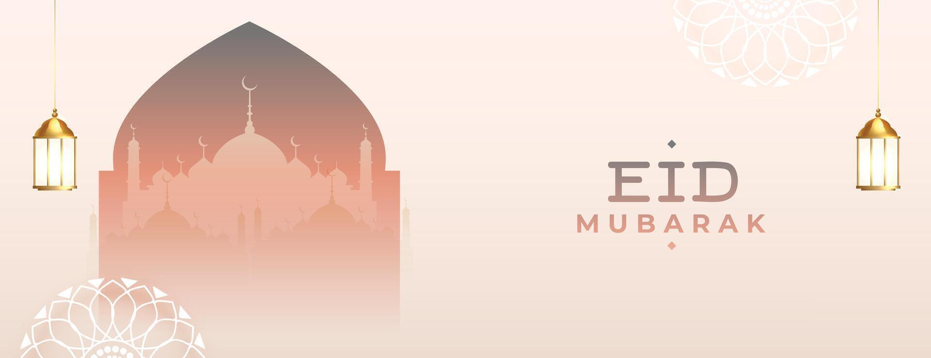 beautiful eid mubarak greeting wallpaper with mosque and lantern vector