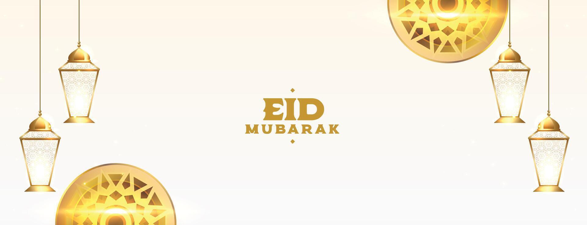 realistic eid mubarak religious banner with glowing golden lamp vector