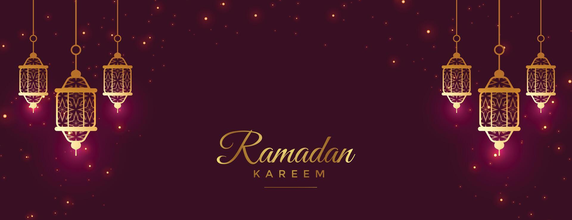 hermoso banner de celebración de ramadan kareem con decoración de lámparas vector