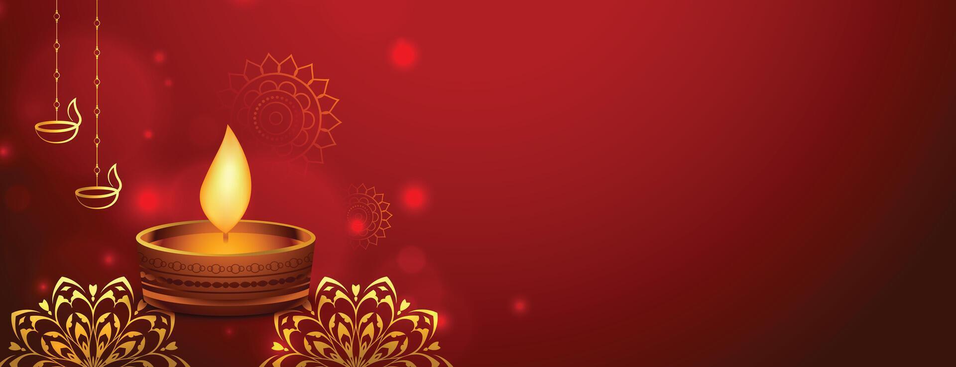 red happy diwali web banner with diya in golden style vector