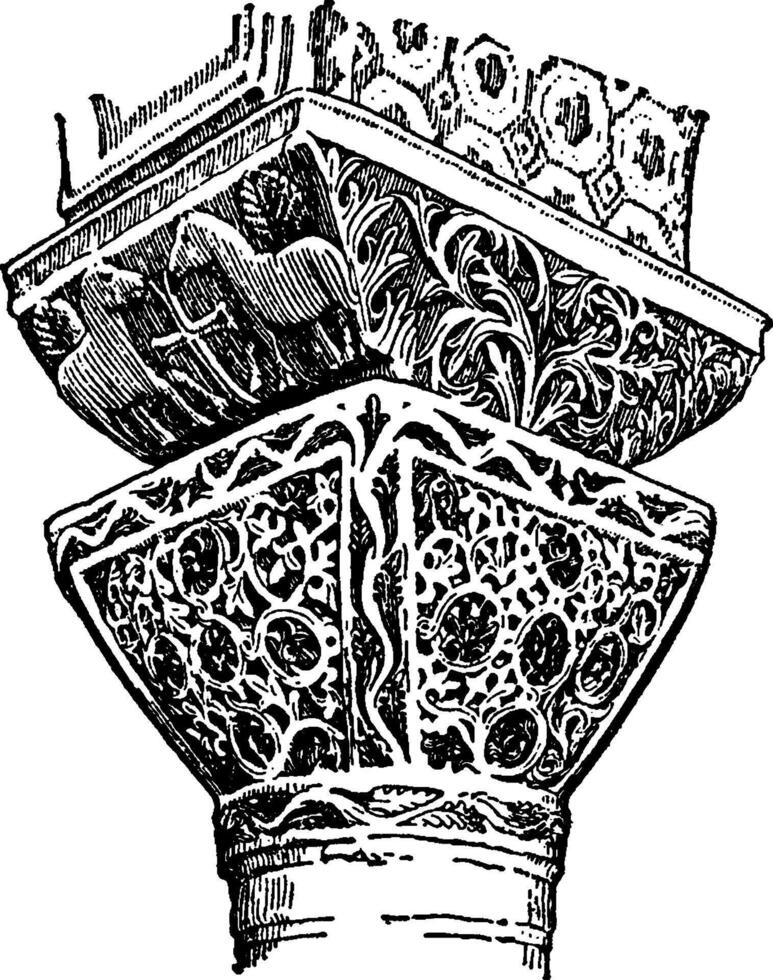 Byzantine Capitals is from the Church of St. Vitale, vintage engraving. vector