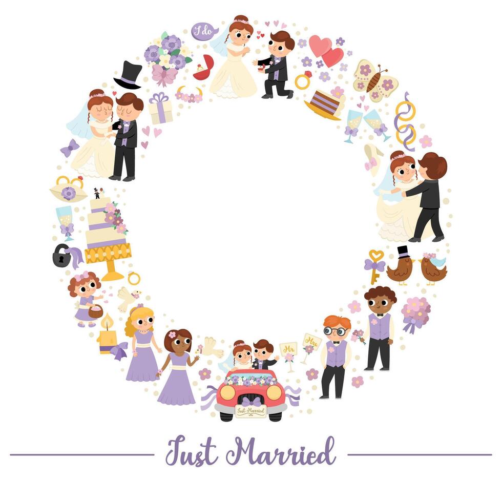 Vector wedding round frame with just married couple. Marriage ceremony wreath for banners, invitations. Cute matrimonial illustration with bride, groom, bridesmaids, bridegroom, cake, rings