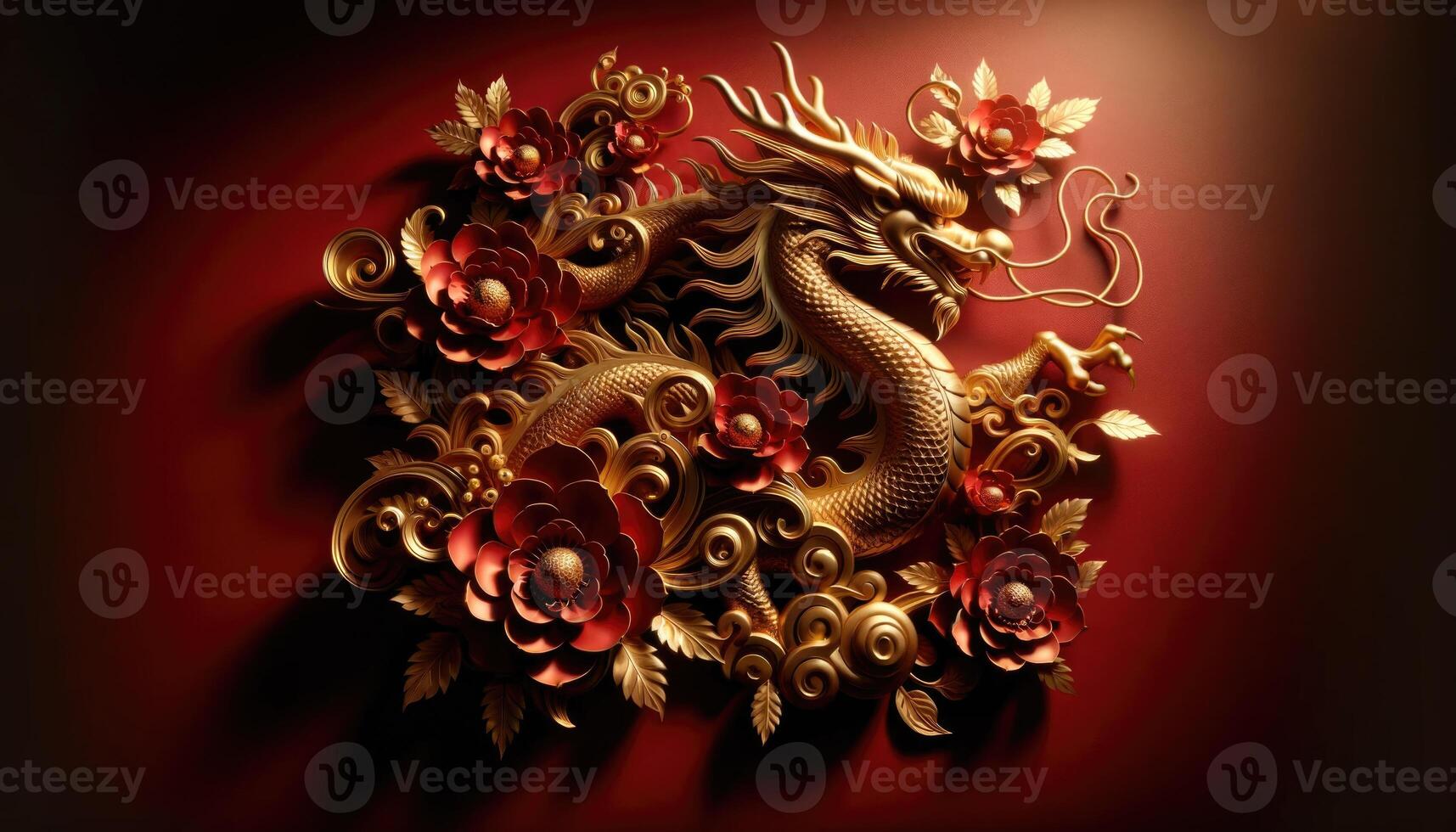 AI generated Golden Dragon Amidst Floral Elegance on Red Backdrop photo