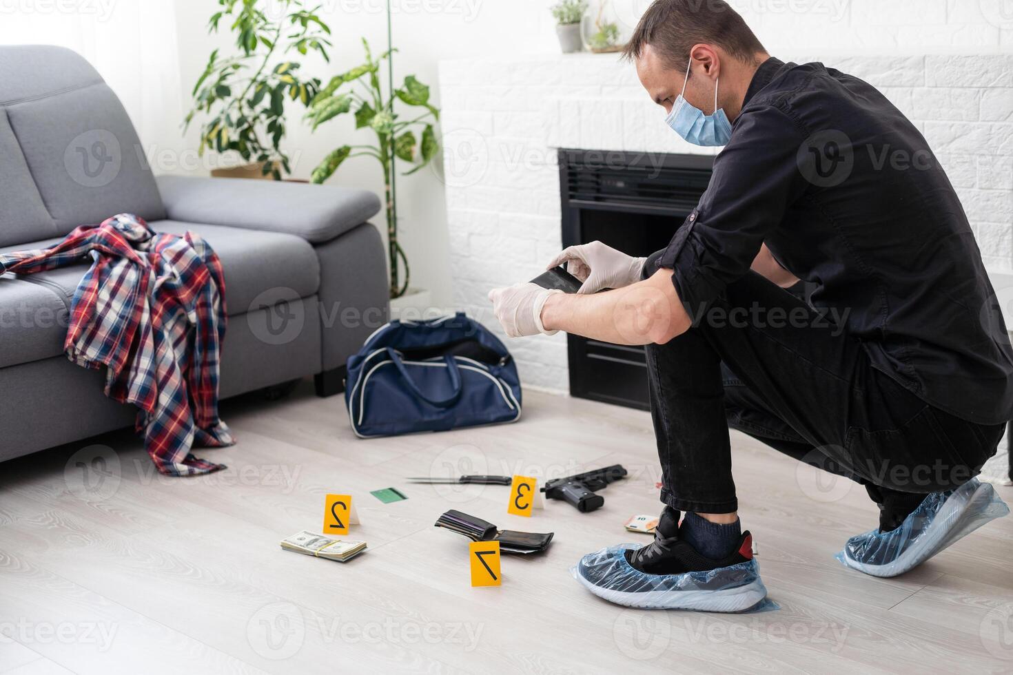 Detective Collecting Evidence in a Crime Scene. Forensic Specialists Making Expertise at Home of a Dead Person. Homicide Investigation by Professional Police Officer. photo