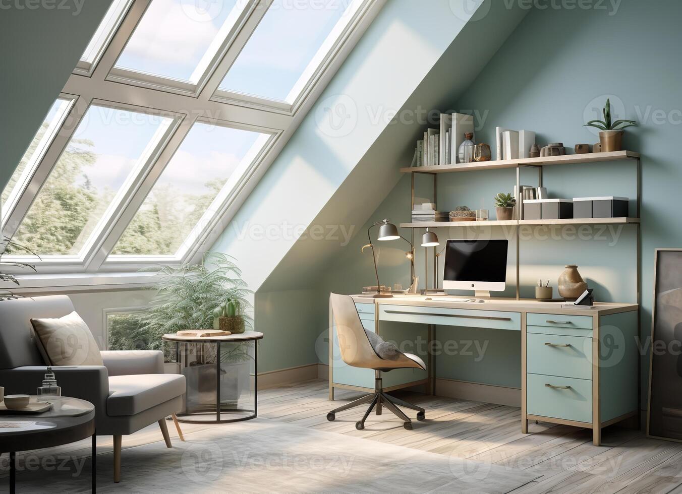 AI generated a modern home office with a desk, computer, and shelves. The room is decorated with plants and has a large window with a view of trees. The color scheme is blue with wooden accents. photo