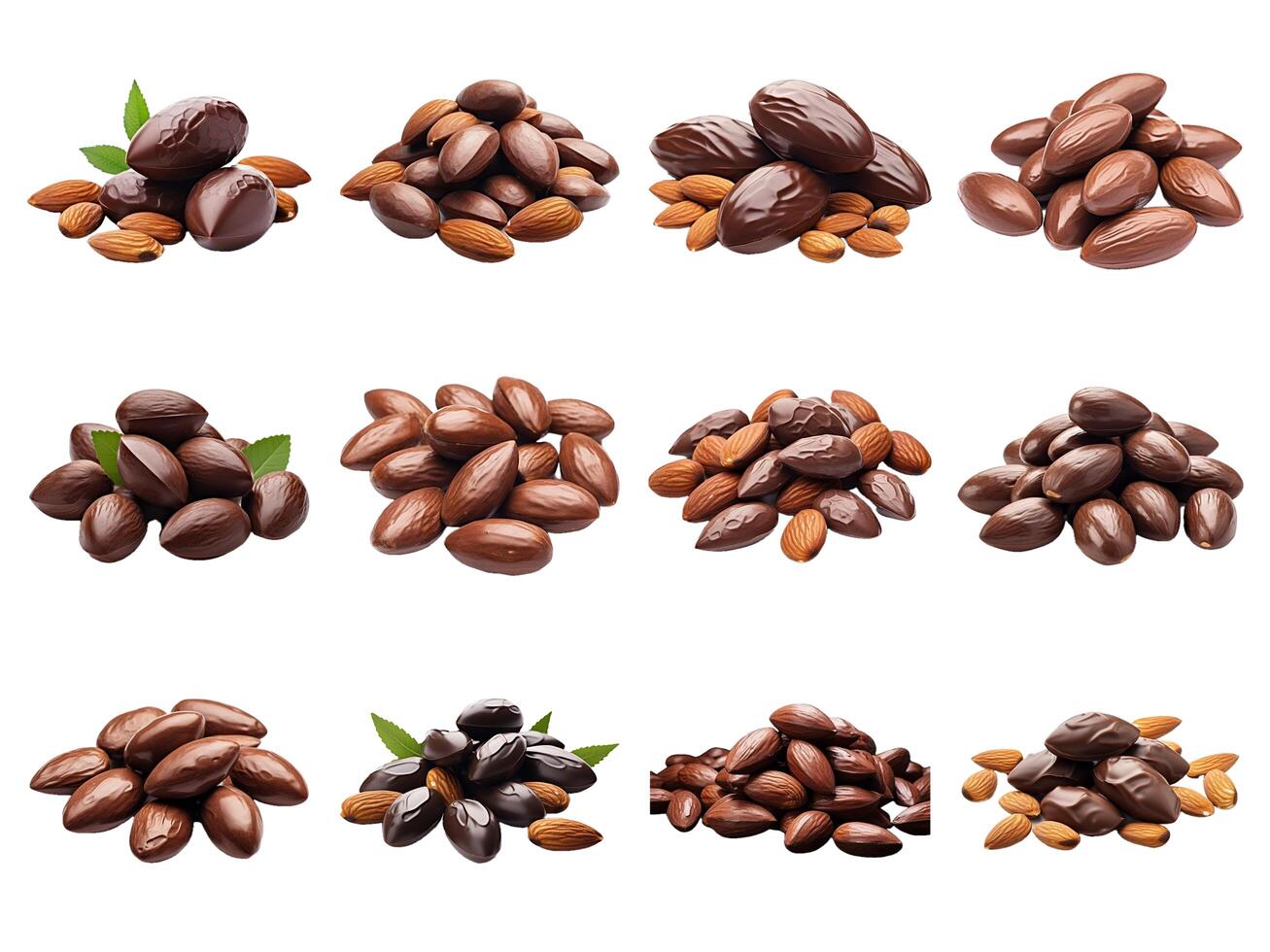 AI generated almonds nuts chocolate collection isolated on white background. photo