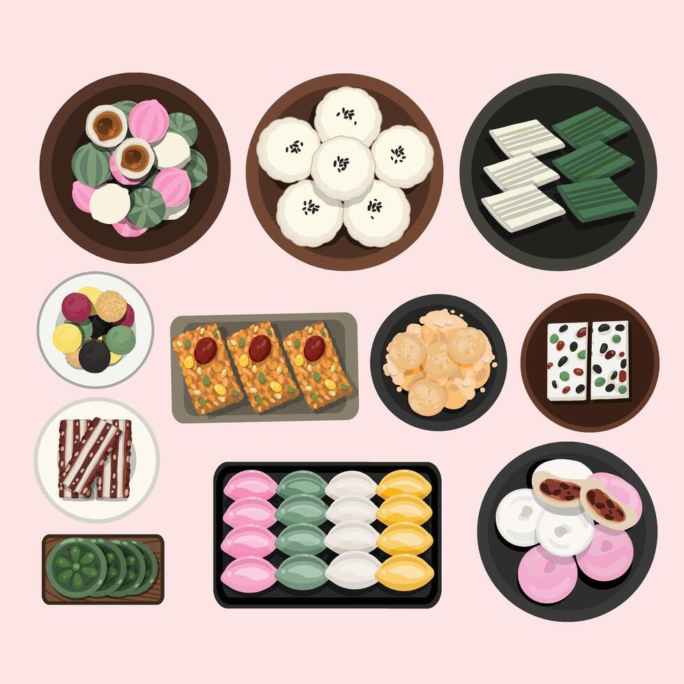 Korean Traditional Sweet Rice Cake. Kultteok, Jeungpyeon, Jeolpyeon, Gyeongdan, Yaksik or Yakbap , Injeolmi, Baekseolgi, Sirutteok, Gaetteok , Songpyeon ,Chapssaltteok, Illustration Vector