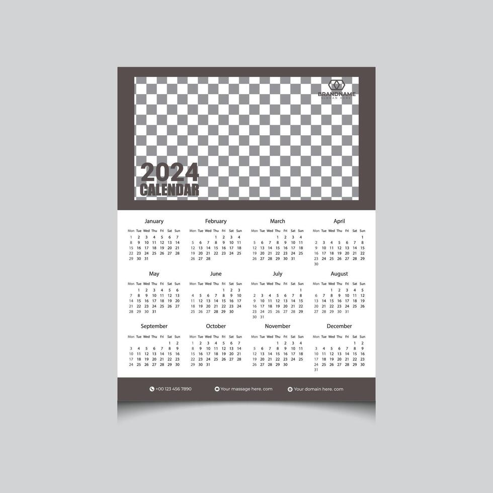 Minimal simple Upcoming 2024 One-page wall calendar design vector template, wall calendar design 2024-year, one page calendar design