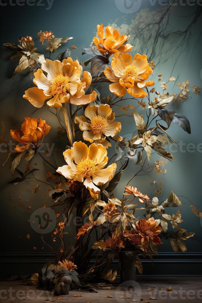 AI generated Close-up of a bouquet of white and blue flowers arranged in a vase on a dark blue background. The flowers are in full bloom and their petals are delicate and soft-looking. photo