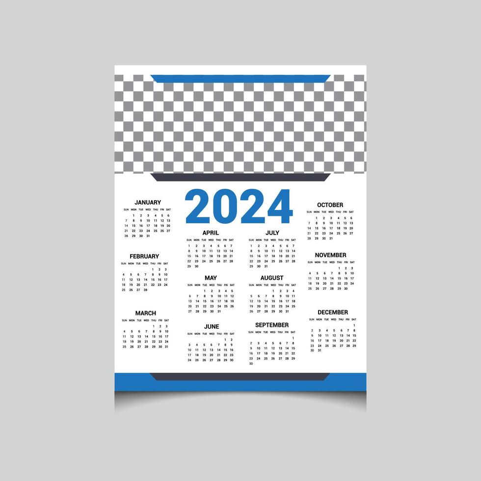 Minimal simple Upcoming 2024 One-page wall calendar design vector template, wall calendar design 2024-year, one page calendar design