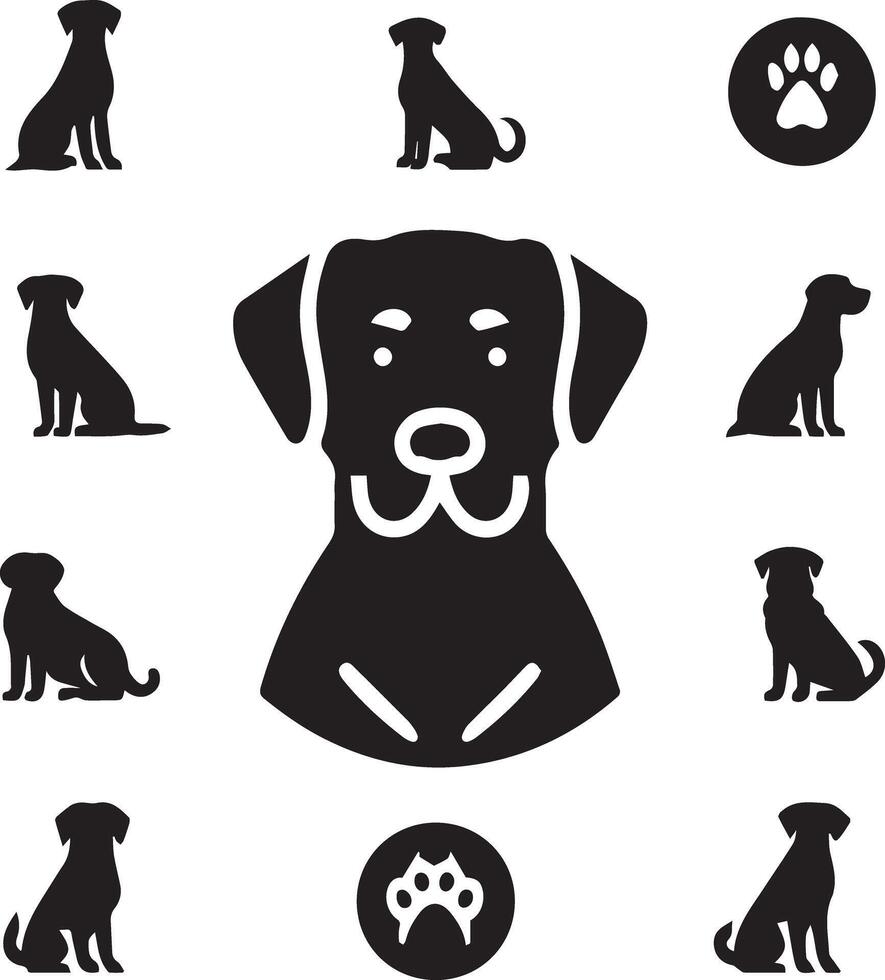 silueta sólido vector icono conjunto de perro, razas, canino, perro, sabueso, cachorro, chucho, mascota, perrito