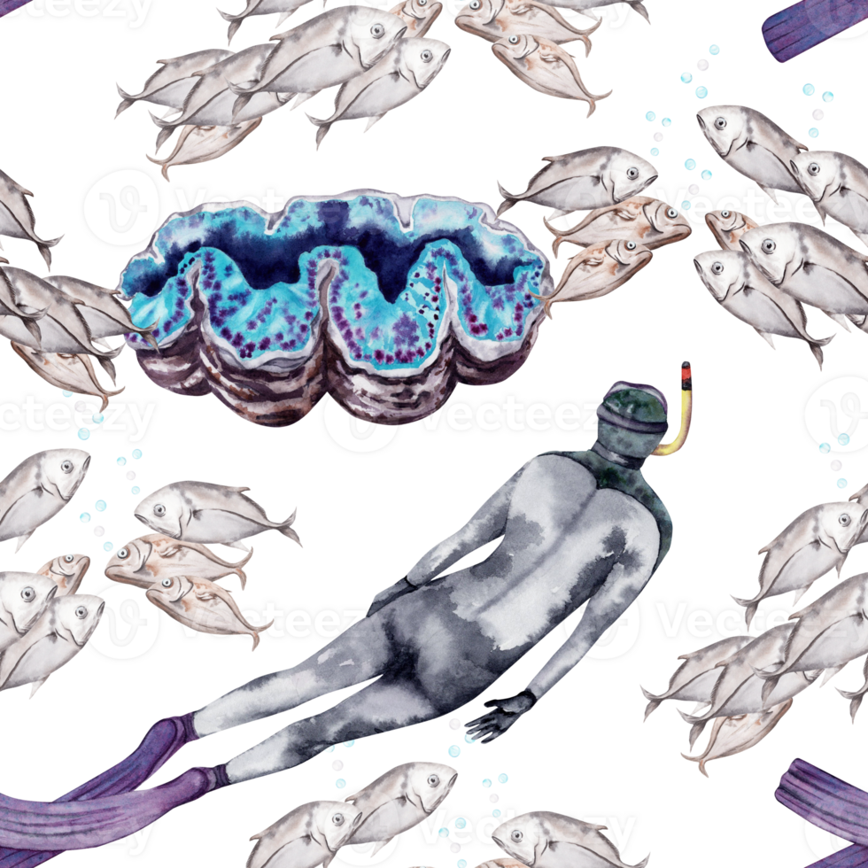 Seamless pattern with fishes, giant clam and a human diver. Hand drawn watercolor illustration isolated on transparent background. For diving shops brochures, wrapping and wallpaper, cards, textile png