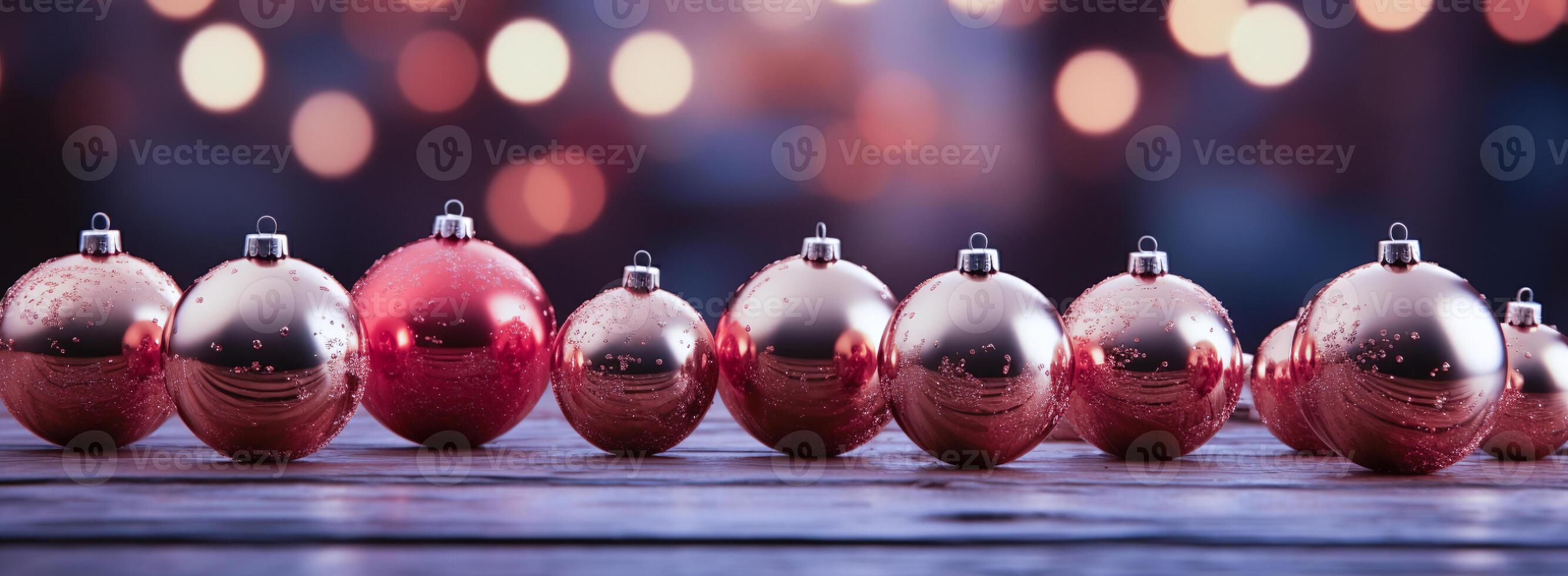 AI generated Banner row of red and silver Christmas baubles with snowy effect, lined up on a wooden surface, with warm bokeh lights in the background. AI Generative photo