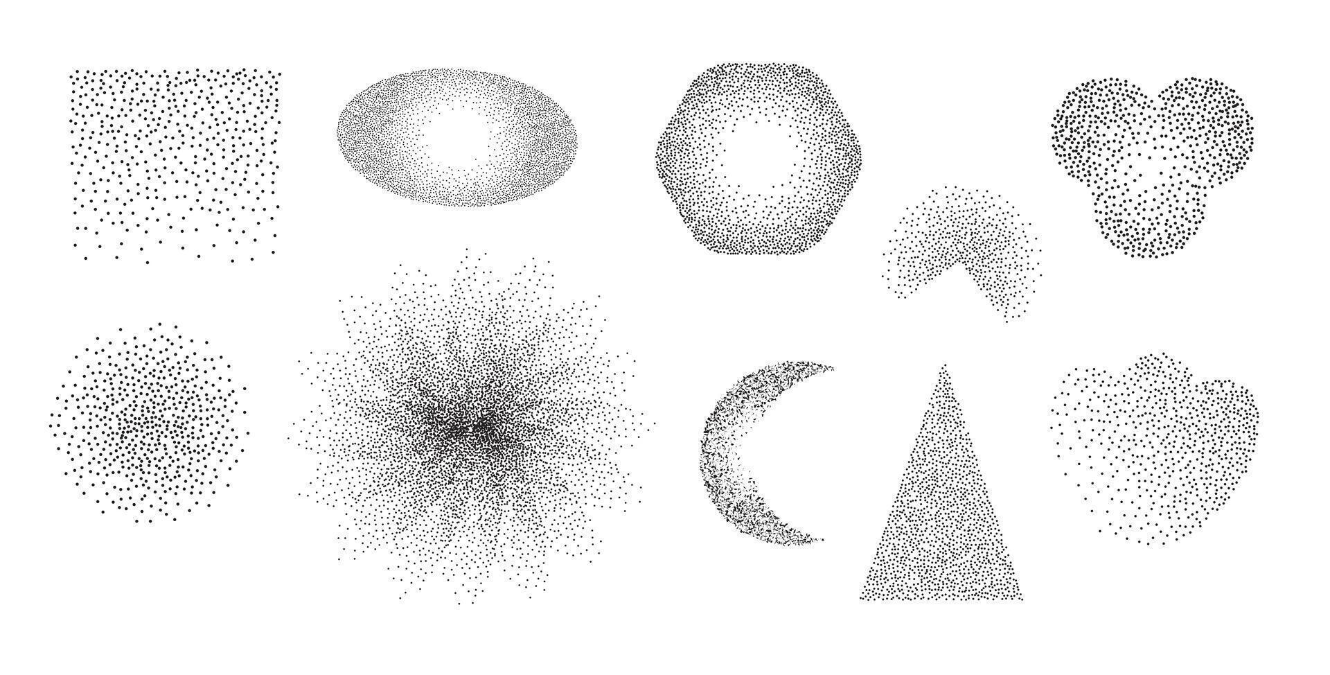 Geometric forms set sand effect stipple textured shapes vector illustration, round confetti dots grunge pattern. Abstract ornament festive template concept, speckled chaotic particles, geometric image