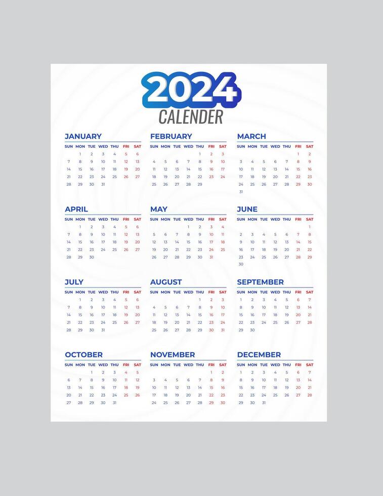 mensual calendario modelo para 2024 año. pared calendario en un minimalista estilo. semana empieza en domingo. planificador para 2024 año.2024 sencillo calandrar diseño. vector