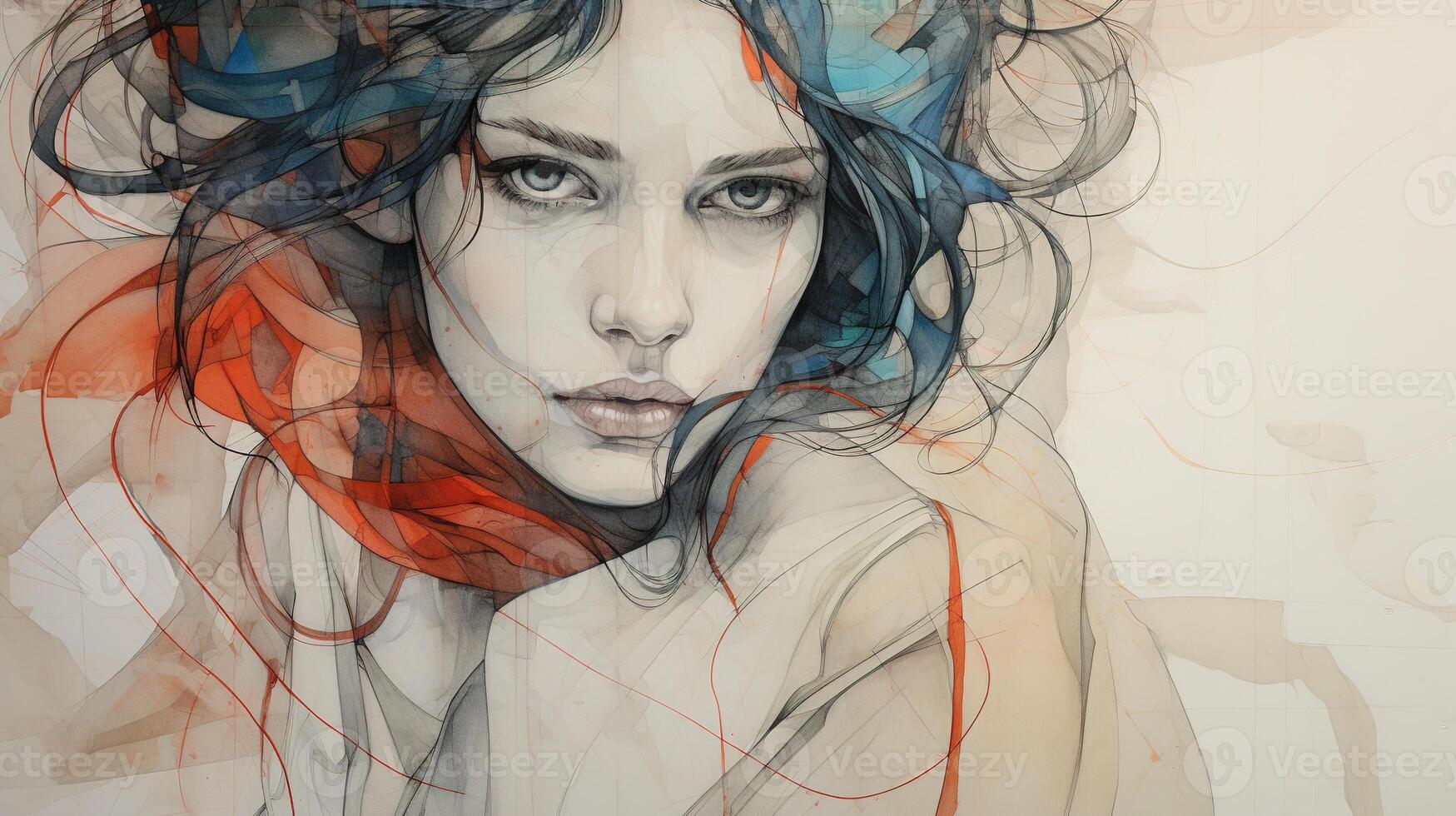 AI generated Generative AI, abstract painted woman face, watercolor subtly colored female portrait photo