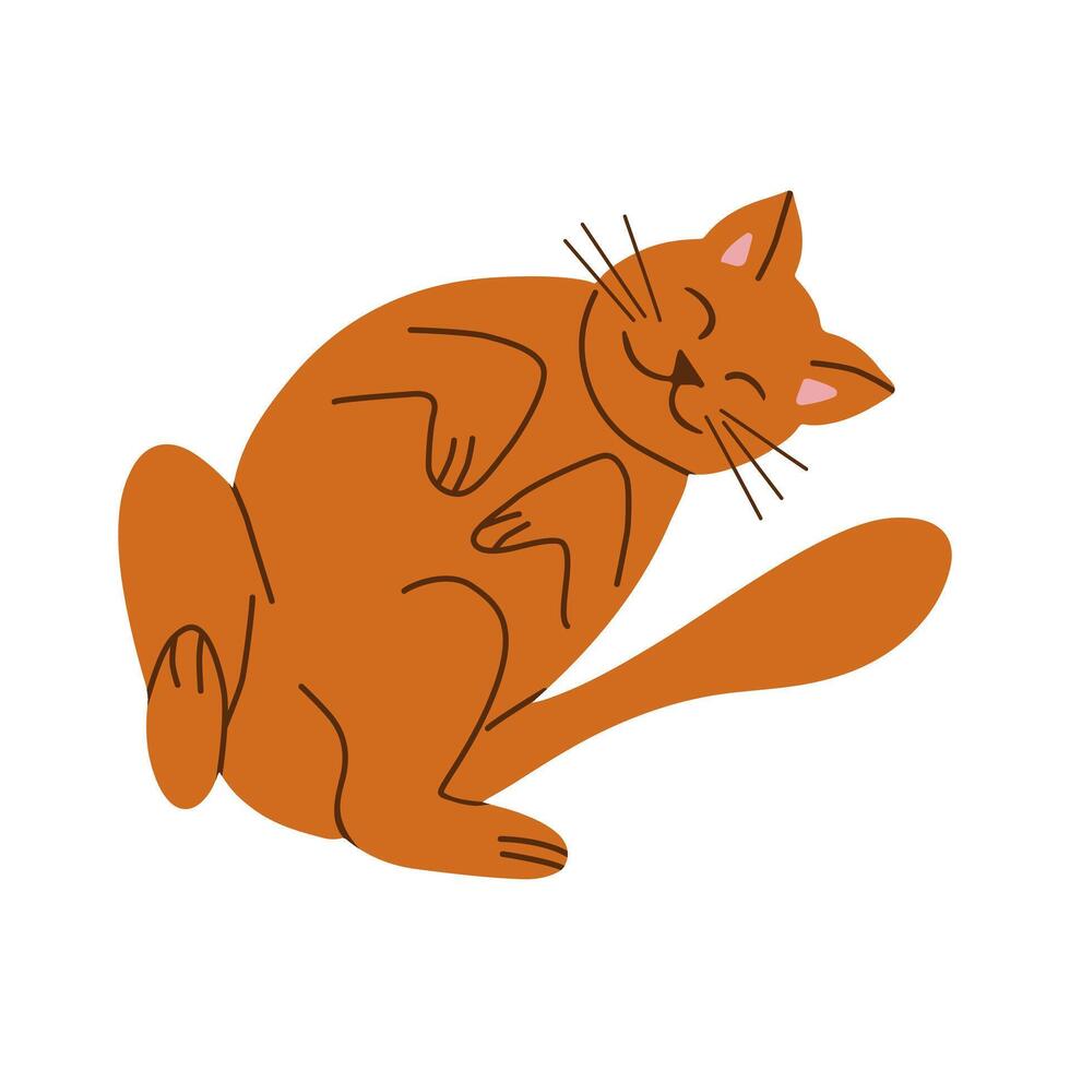 Cute playful lying down hand drawn domestic cat. Vector pet in flat cartoon minimalistic style. Trendy illustration for sticker, decoration. Good for kids textile, decoration