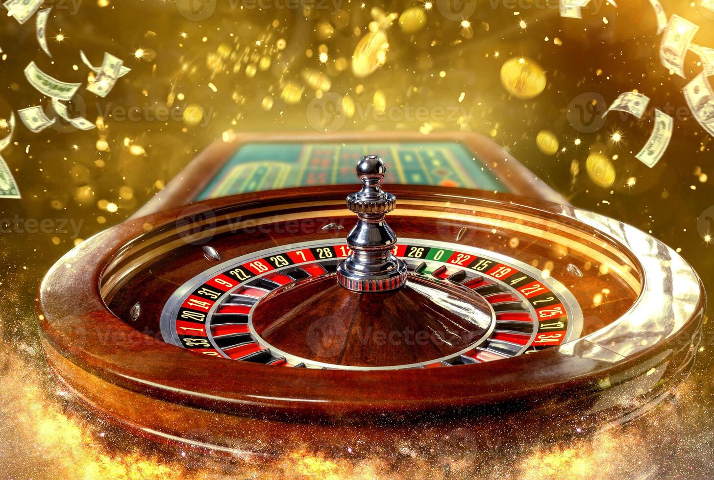 collage de casino imágenes con un de cerca vibrante imagen de multicolor casino ruleta mesa con póker papas fritas foto