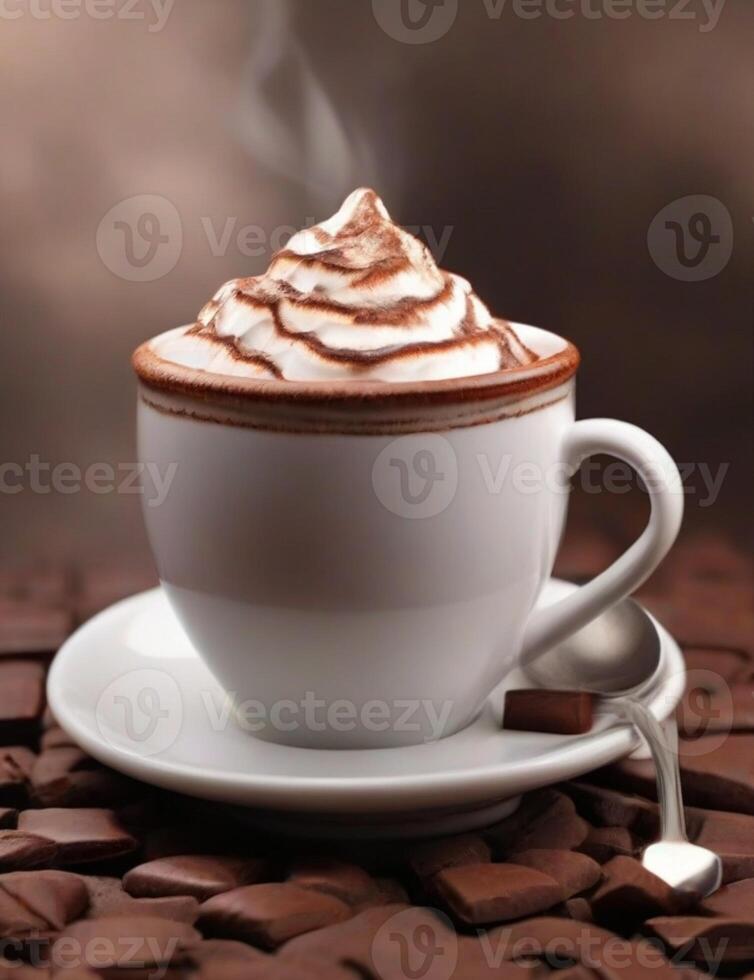 AI Generated Mug of hot chocolate or cocoa.Warm scarf and cozy autumn and winter concept. photo