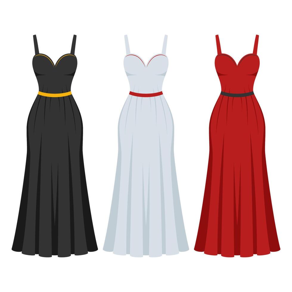 Evening cocktail black, white and red dress set. Collection woman clothing. Silhouette apparel. Long maxi, full and floor length different shapes dress icon. Vector illustration
