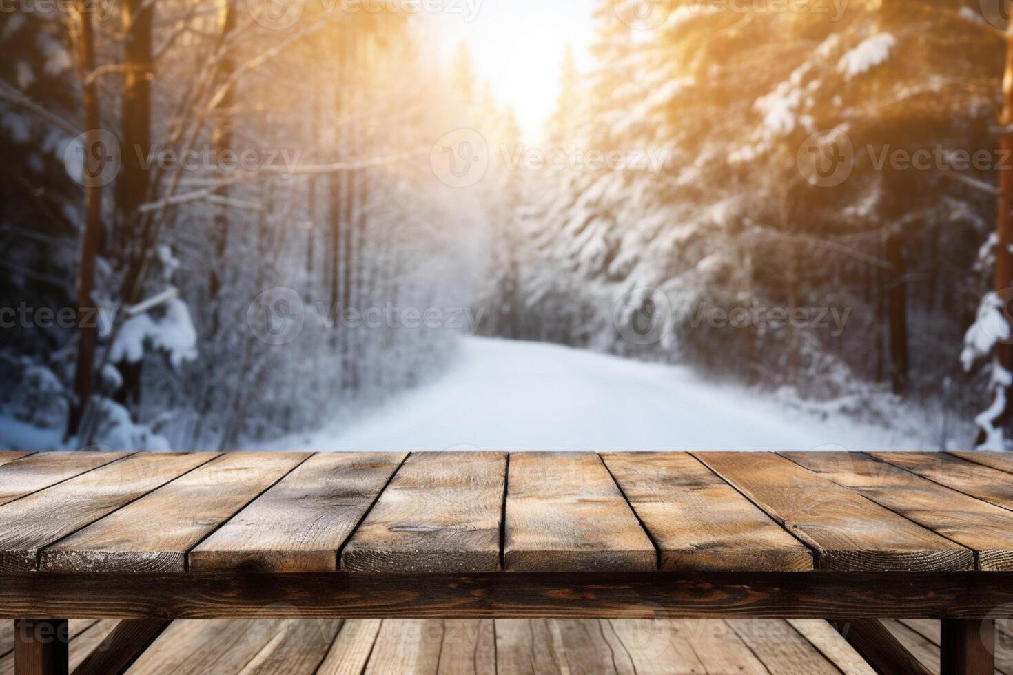 AI generated Empty Winter wood plank board Table With Snowfall AI Generated photo