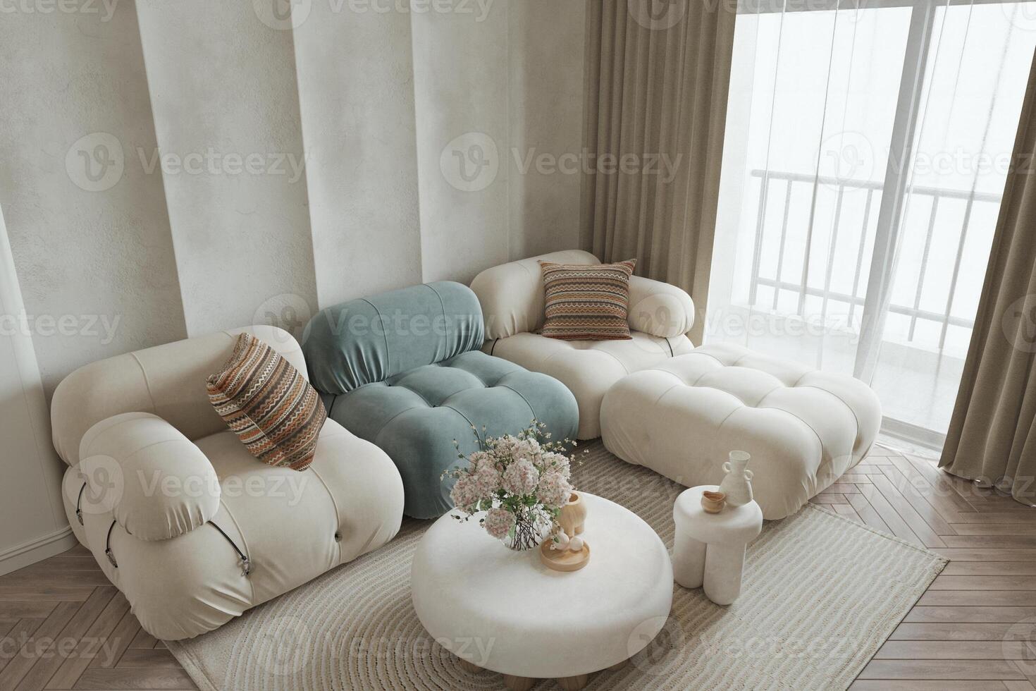 A 3D mock up of an attic room featuring whitewashed walls, steps, and a white-hued couch in the background. photo