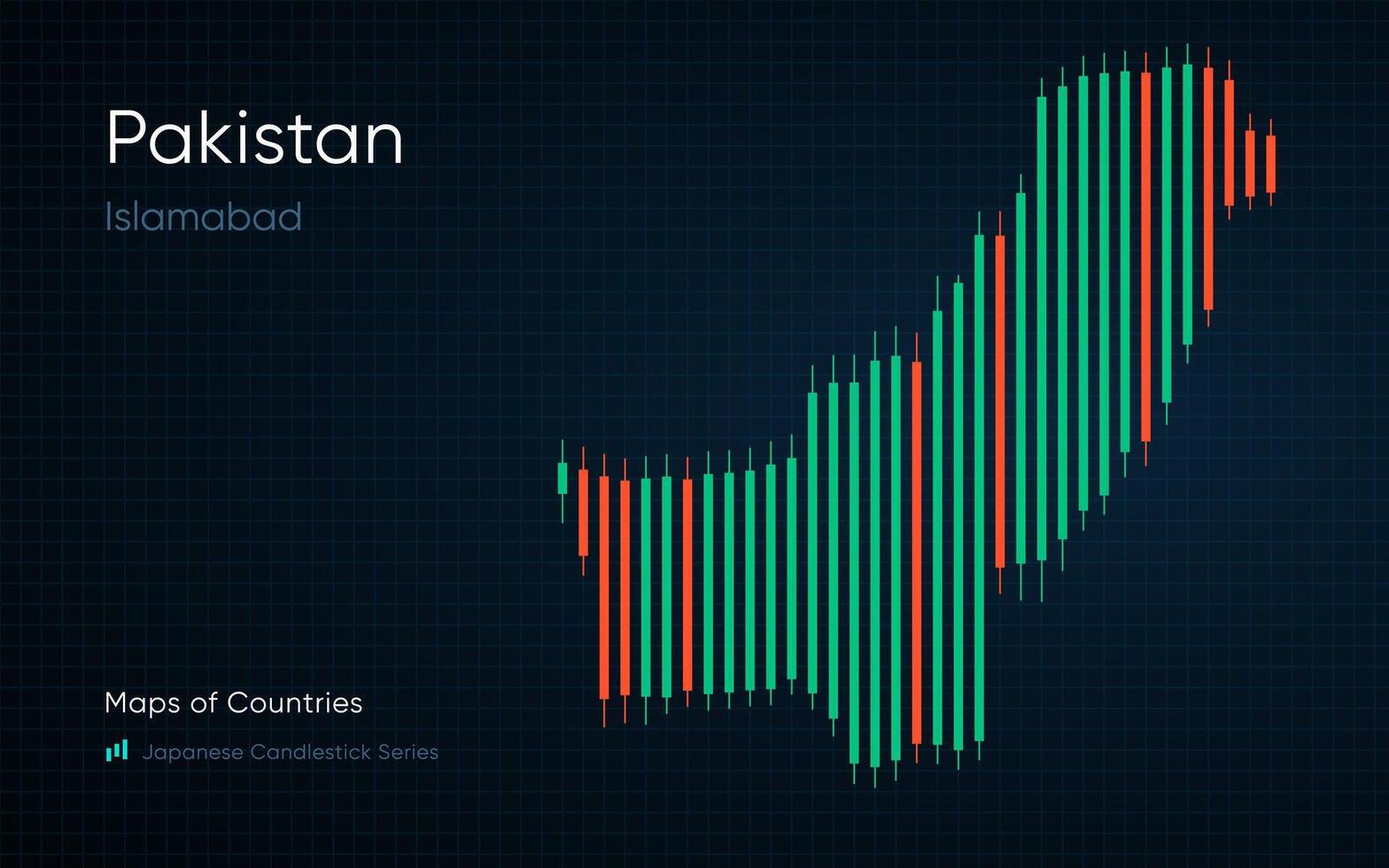 Pakistan map is shown in a chart with bars and lines. Islamabad. SHOTLISTbanking. Japanese candlestick chart Series vector