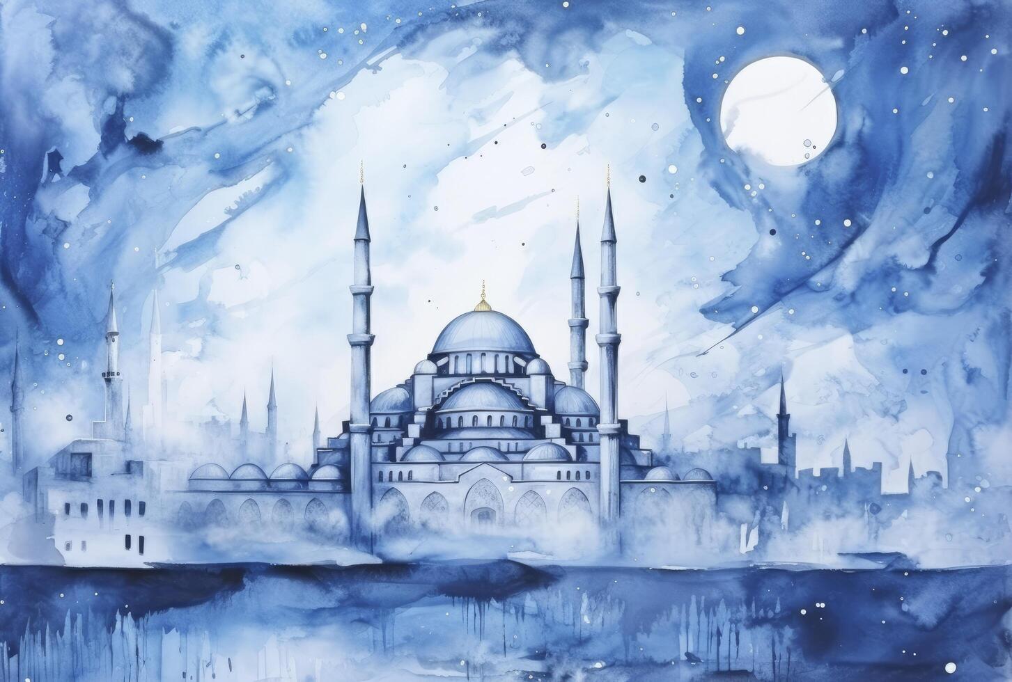 AI generated Watercolor Rendering of an Abstract Blue Mosque, Symbolizing Ramadan and Eid Mubarak Celebration. photo