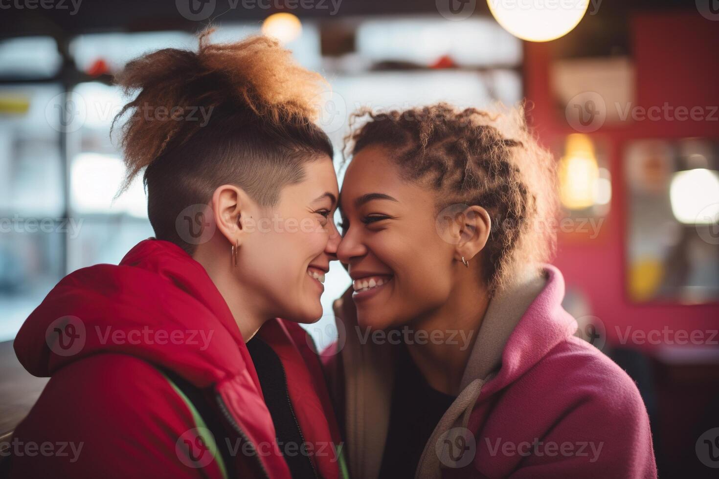 AI generated LGBT Lesbian couple love moments happiness.Lgbt relationship concept photo