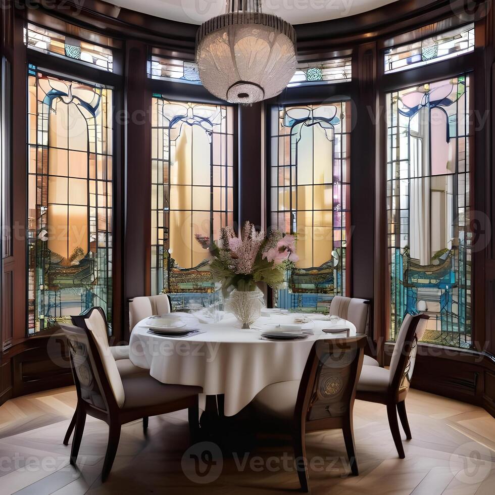 AI generated A luxurious art nouveau-inspired dining room with stained photo