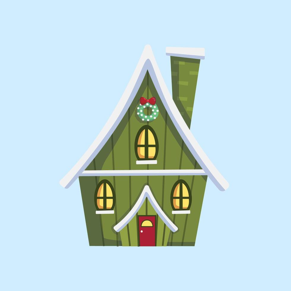 un dibujos animados casa con un Papa Noel sombrero en arriba, brillante decorativo invierno casa en nieve. alegre festivo decoraciones para nuevo año y Navidad vector