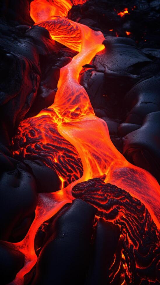 AI generated heat and energy of a volcano's lava captures the molten rock as it cascades down the mountainside photo