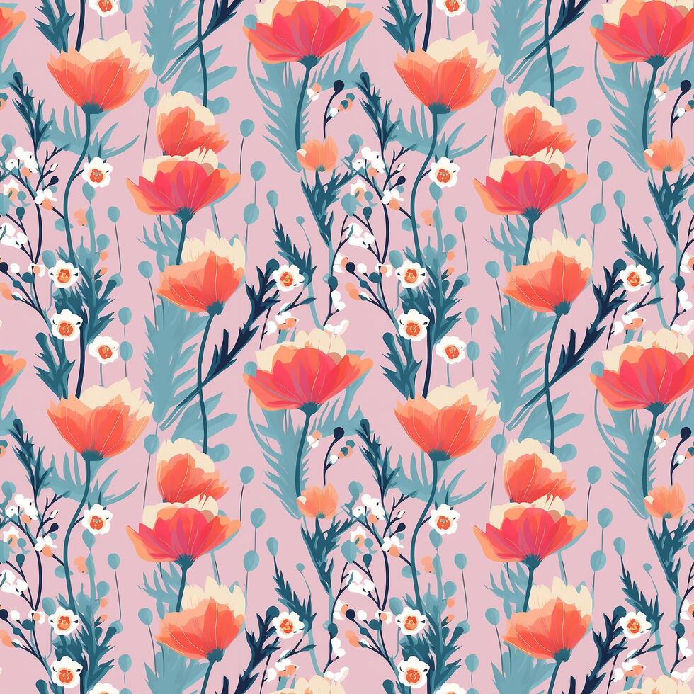 AI generated flowers with the stems showing seamless pattern background photo