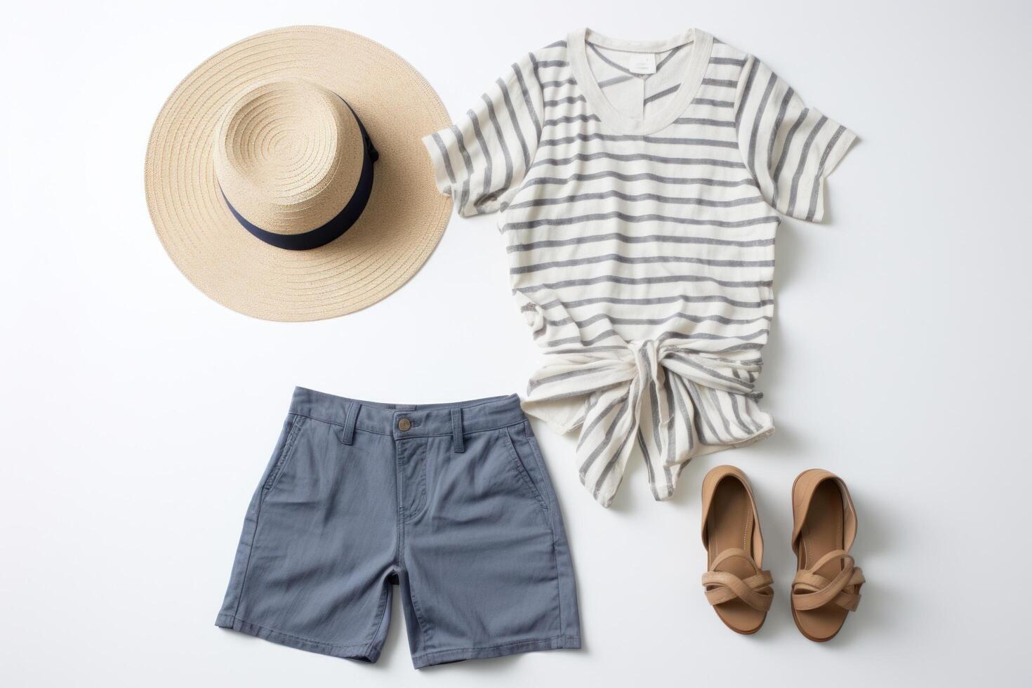 AI generated striped shorts, sandals and hat photo