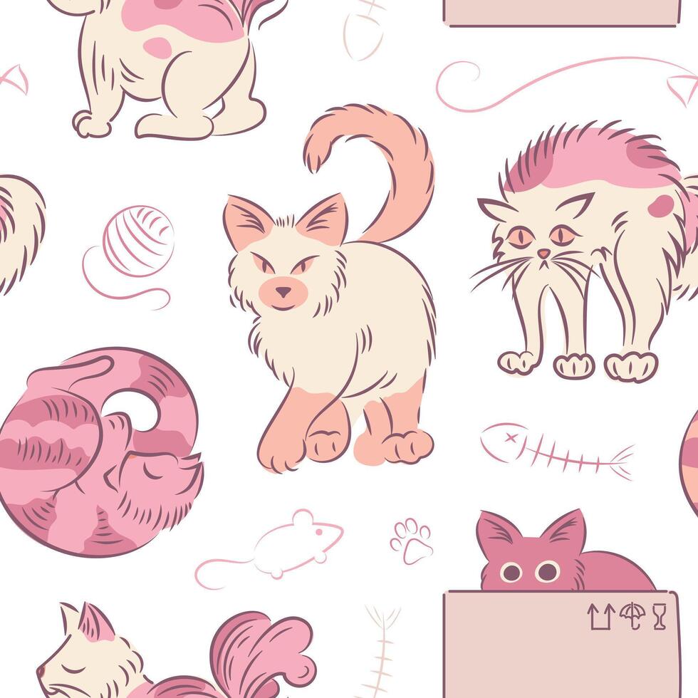 Seamless pink pattern of cats in different poses in sketch style. Fat cute cat lifestyle. Pets. The cat hissses, sleeps, hides sitting in box, walks. For fabric, wrapping, background. Fish bones vector