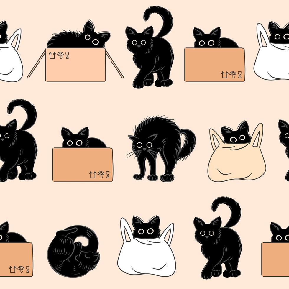 Seamless pattern of cute cats hiding in a bag and box. Fat cute cat lifestyle. Pets. The cat hissses, sleeps, hunts, walks. For wallpaper, fabric, wrapping, background. vector