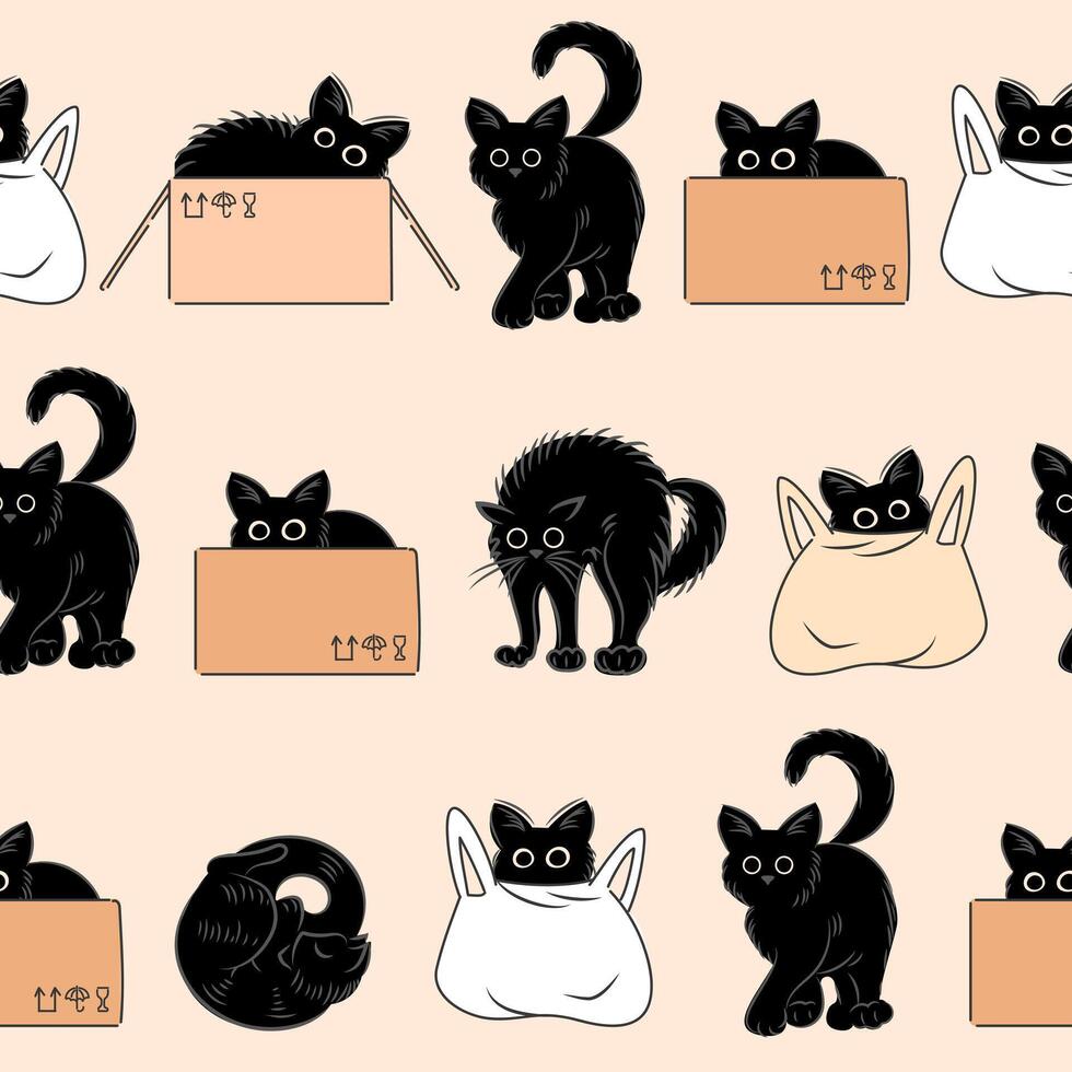 sin costura modelo de linda gatos ocultación en un bolso y caja. grasa linda gato estilo de vida. mascotas. el gato silbidos, duerme, caza, camina. para fondo de pantalla, tela, envase, antecedentes. vector